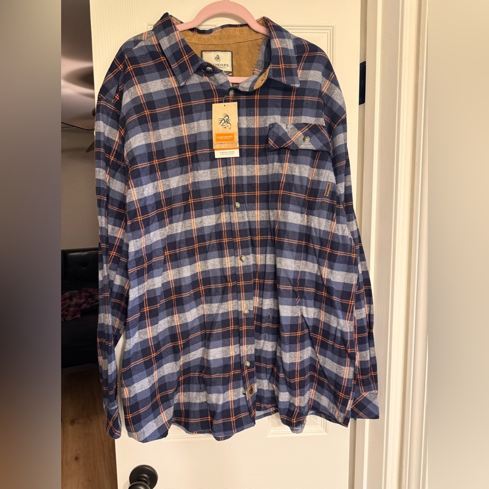 Legendary Whitetails Navy and Orange Plaid Shirt 2XL
